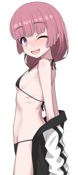 1girl ;d arms_behind_back bare_shoulders bikini black_bikini blunt_bangs blush bocchi_the_rock! breasts clothes_down cowboy_shot fang from_side halulu highres hiroi_kikuri jacket loli long_hair looking_at_viewer looking_to_the_side one_eye_closed open_clothes open_jacket open_mouth pink_hair purple_eyes simple_background small_breasts smile solo swimsuit tareme turning_head white_background