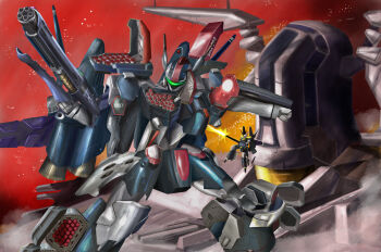 antennae bad_id bad_pixiv_id firing gatling_gun gun gunpod i.t.o_daynamics macross macross_frontier macross_quarter mecha missile no_humans ozma_lee radar realistic robot rocket_launcher s.m.s. saotome_alto science_fiction space star_(sky) vf-25 weapon