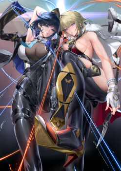 2girls armpits arms_up au11 bare_shoulders black_gloves black_hair black_pants blonde_hair blue_hair breasts cleavage cosplay costume_switch diagonal_bangs evelyn_chevalier genshin_impact gloves green_eyes high-waist_pants highres jewelry large_breasts latex_pants long_hair looking_at_viewer mole mole_under_eye multiple_girls pants purple_eyes shirt short_hair smile string tight_clothes tight_pants white_shirt yelan_(genshin_impact) zenless_zone_zero