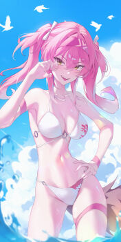 1girl absurdres bare_shoulders bikini bird blue_sky blush breasts cleavage cloud collarbone commentary cowboy_shot dove fingernails hair_intakes hairband hand_on_own_hip highres long_hair looking_at_viewer lupa_(wuthering_waves) mr._bell open_mouth paw_pose pink_hair sky solo standing swimsuit tail teeth thigh_strap twintails two_side_up untranslatable_commentary upper_teeth_only white_bikini wolf_tail wuthering_waves yellow_eyes