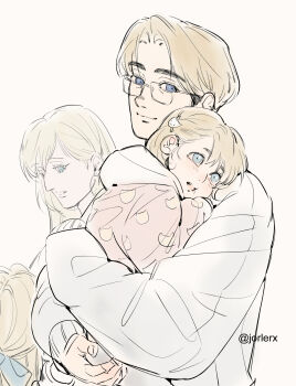 1boy 3girls annie_leonhart armin_arlert blonde_hair blue_bow bow child closed_mouth coat commentary couple english_commentary family father_and_daughter glasses hair_behind_ear hair_between_eyes hair_bow hair_ornament hairclip hetero highres hood hood_down hoodie if_they_mated jorlerx light_blush long_hair mother_and_daughter multiple_girls open_mouth parted_bangs parted_lips pink_hoodie shingeki_no_kyojin short_hair smile twintails upper_body white_background white_coat white_hood