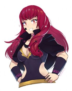 1girl belt black_cape bodysuit breasts cape choker cleavage clothing_cutout commentary facial_mark fire_emblem fire_emblem_engage gold_belt grin hair_ornament highres kaphrin medium_breasts nintendo pink_choker purple_bodysuit red_hair side_cutout side_slit smile solo star_(symbol) star_facial_mark star_hair_ornament yellow_belt yunaka_(fire_emblem)