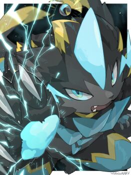 animal_ears black_fur blue_eyes blue_fur body_fur claws electricity fangs furry gen_7_pokemon highres horns legendary_pokemon mega_pokemon mega_zeraora multicolored_fur mythical_pokemon nintendo open_mouth pokemon pokemon_(creature) pokemon_focus single_horn solo two-tone_fur yorozumaru_(yorozu1217) zeraora