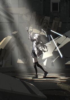 1girl absurdres ahoge arm_up black_shoes black_shorts black_socks blue_halo blue_shorts broken commentary commentary_request english_commentary from_side halo highres indoors jacket kani_etizen03 knee_pads light_particles light_rays long_hair looking_up mecha mixed-language_commentary original over-kneehighs reaching robot scar_on_thighs shell_casing shoes shorts socks solo sunbeam sunlight thighhighs white_eyes white_hair white_jacket