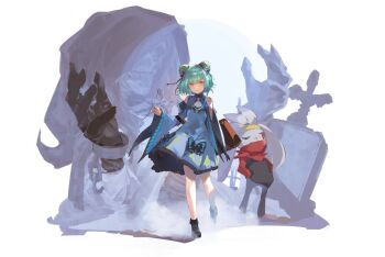 1girl animal_print blue_dress butterfly_print chain cross crossover death_(entity) double_bun dress gen_8_pokemon green_hair hair_bun highres hololive hood kiriyama nintendo pokemon pokemon_(creature) raboot skeleton tombstone uruha_rushia uruha_rushia_(1st_costume) virtual_youtuber