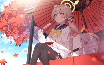 1girl backpack bag black_pantyhose black_sailor_collar black_skirt blue_archive blush cardigan closed_mouth commentary_request feet_out_of_frame halo hifumi_(blue_archive) highres light_brown_hair long_hair long_sleeves low_twintails pantyhose partial_commentary peroro_(blue_archive) pleated_skirt sailor_collar sitting skirt smile solo t@ke-g twintails white_cardigan yellow_eyes yellow_halo