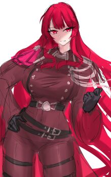 1girl absurdres belt breasts buttons commentary_request double-breasted duel_monster exosister_karmael exosister_martha gloves highres index_finger_raised large_breasts long_hair pants red_eyes red_hair solo thigh_belt thigh_strap trewestruth very_long_hair yu-gi-oh!
