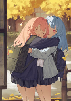2girls autumn backpack bag black_skirt blue_hair bus_stop closed_eyes falling_leaves highres hug jacket leaf miniskirt multiple_girls omega_sisters open_clothes open_jacket open_mouth outdoors pleated_skirt red_eyes red_hair school_uniform shirt skirt sunset white_shirt yamamomo_(plank)