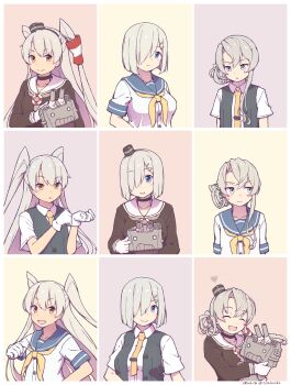 3girls :d :o ^_^ adjusting_clothes adjusting_gloves amatsukaze_(kancolle) amatsukaze_(kancolle)_(cosplay) asymmetrical_hair averting_eyes black_choker black_hairband black_vest blue_eyes blue_sailor_collar blush breasts brown_dress brown_eyes chart choker closed_eyes closed_mouth collarbone collared_shirt commentary_request cosplay costume_switch dated dress fang gloves grey_eyes hair_between_eyes hair_ornament hair_over_one_eye hair_rings hair_tubes hairband hairclip hamakaze_(kancolle) hamakaze_(kancolle)_(cosplay) hand_up hands_up hat heart highres holding hug kantai_collection large_breasts lifebuoy long_hair looking_at_viewer looking_away looking_to_the_side mini_hat multiple_girls nakaaki_masashi neckerchief necktie nowaki_(kancolle) nowaki_(kancolle)_(cosplay) open_mouth parted_lips rensouhou-kun sailor_collar sailor_dress school_uniform serafuku shirt short_hair short_sleeves silver_hair small_breasts smile smokestack sweat swim_ring twitter_username two_side_up v-shaped_eyebrows very_long_hair vest wavy_mouth white_gloves white_sailor_collar white_shirt wind_socks yellow_neckwear