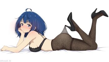 1girl absurdres ahoge black_bra blue_eyes blue_hair blush bra breasts elbow_rest full_body high_heels highres lace_pantyhose_hooked_on_heel_(meme) large_breasts looking_at_viewer lying make_heroine_ga_oo_sugiru! meme on_stomach pantyhose roswell_ss simple_background solo underwear white_background yanami_anna