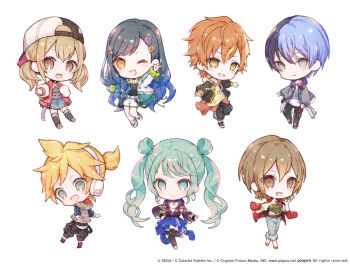 3boys 4girls :d ;d aoyagi_touya arm_up azusawa_kohane black_hair black_thighhighs blonde_hair blue_eyes blue_hair blue_shorts blue_skirt blush_stickers brown_eyes brown_hair brown_scarf brown_shoes chibi chibi_only closed_mouth commentary_request copyright_notice full_body gradient_hair green_eyes green_hair hatsune_miku jacket kagamine_len long_hair looking_at_viewer meiko_(vocaloid) multicolored_hair multiple_boys multiple_girls niwako official_art one_eye_closed open_clothes open_jacket open_mouth orange_hair project_sekai red_jacket scarf shinonome_akito shiraishi_an shoes short_hair shorts simple_background skirt smile split-color_hair standing standing_on_one_leg streaked_hair thighhighs two-tone_hair vivid_bad_squad_len vivid_bad_squad_meiko vivid_bad_squad_miku vocaloid white_background