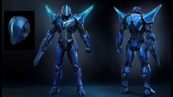 Rule 34 | 1boy, arm cannon, arm mounted weapon, armor, blue armor, clenched hand, full armor, glowing, highres, metroid, metroid prime 4: beyond, multiple views, nintendo, official art, power armor, shoulder armor, shoulder spikes, spikes, sylux (metroid), third-party source, weapon