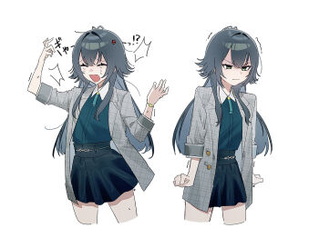 1girl antenna_hair black_skirt clenched_hands coat commentary_request cropped_legs gakuen_idolmaster glaring green_eyes green_hair green_shirt grey_coat hair_flaps highres idolmaster long_hair looking_ahead multiple_views shaded_face shirt shirt_tucked_in simple_background skirt tears thighs tsukimura_temari ume_(yuuki-110813) v-shaped_eyebrows very_long_hair white_background