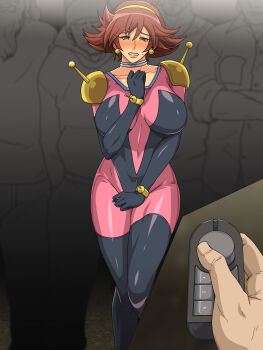 1girl blue_eyes blush bodysuit breasts brown_hair clenched_teeth control earrings electrostimulation g_gundam greco_roman_(spiral_brain) gundam hairband highres huge_breasts jewelry legs looking_at_viewer mecha_pilot_suit mobile_trace_suit open_mouth rain_mikamura short_hair standing sweat teeth thighs