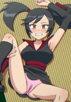 Rule 34 | 1girl, arm up, armpits, black dress, black hair, black socks, blush, brown eyes, cameltoe, chromatic aberration, clenched teeth, commentary request, detached sleeves, dress, furisode girl (pokemon), furisode girl kali, highres, holding own leg, knees, lying, miraa (chikurin), nintendo, on back, panties, pink panties, pokemon, pokemon xy, sandals, socks, solo, spread legs, sweat, teeth, twintails, underwear