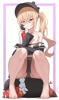 1girl absurdres barefoot black_hat black_jacket black_shirt black_shorts blonde_hair blush border breasts choppy_bangs cleavage closed_mouth commentary crossed_bangs full_body hair_between_eyes hand_rest hand_up hat highres jacket jacket_partially_removed kudo_0802 long_bangs long_hair looking_at_viewer luciana_de_montefio medium_breasts micro_shorts outside_border purple_border red_eyes shirt shorts side_ponytail sitting sleeveless sleeveless_shirt solo strap_slip torn_clothes torn_shirt white_background zenless_zone_zero