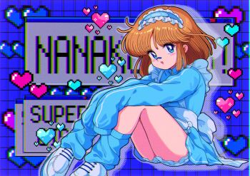 1990s_(style) 1girl apron back_ribbon bandaid bandaid_on_face bandaid_on_nose blue_eyes blue_headdress blue_jacket blue_track_suit blush brown_hair chromatic_aberration english_text frilled_apron frills grid_background halftone heart highres jacket jersey_maid long_sleeves loose_socks maid maid_apron maid_headdress medium_hair nanako_(nanako_sos) nanako_sos nka_46 open_mouth pixel_art pixel_heart purple_background retro_artstyle shoes sitting skirt smile socks solo solo_focus tenshi_kaiwai track_jacket track_suit turtleneck turtleneck_jacket unconventional_maid waist_apron white_apron white_shoes window_(computing)