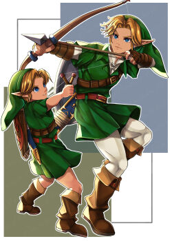 2boys absurdres arrow_(projectile) blonde_hair blue_eyes boots bow_(weapon) brown_boots deku_shield drawing_bow dual_persona green_hat green_tunic hat highres holding holding_bow_(weapon) holding_weapon leather leather_boots link mi9clous multiple_boys nintendo pants phrygian_cap pointy_ears shield shield_on_back shirt slingshot_(weapon) the_legend_of_zelda the_legend_of_zelda:_ocarina_of_time tunic weapon white_pants white_shirt young_link