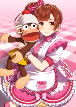1girl absurdres animal blush bow brown_eyes brown_hair closed_mouth crossover dot_nose dress dress_bow frilled_dress frilled_ribbon frills hair_bow hair_ribbon highres holding holding_animal idolmaster idolmaster_cinderella_girls idolmaster_cinderella_girls_starlight_stage igarashi_kyoko layered_dress looking_at_viewer monkey necktie open_mouth pink_bow pink_dress pink_necktie pipo_monkey plaid_background polka_dot polka_dot_bow red_ribbon ribbon saru_getchu scrunchie shiraha_(shiraha_0129) short_sleeves side_ponytail sitting smile swept_bangs wing_collar wrist_scrunchie