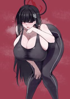 1girl absurdres alternate_breast_size_(larger) black_hair black_sports_bra blue_archive breasts bright_pupils cleavage hair_ornament hairclip halo highres huge_breasts k_dhen long_hair millennium_science_school_logo one_eye_closed open_mouth pants red_eyes rio_(blue_archive) solo sports_bra sweat tight_clothes tight_pants very_long_hair white_pupils yoga_pants