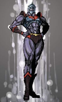 Rule 34 | 1boy, 2010, abs, armor, black footwear, boots, breastplate, calves, gouri daisuke, grey background, hands on own hips, helmet, kinnikuman, mask, moto murabito, muscular, muscular male, red eyes, robin mask, wrestling outfit