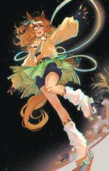 absurdres ahoge animal_ears bandaid bandaid_on_knee bandaid_on_leg bandeau black_gloves black_shorts breasts brown_hair calamity_brezze cleavage commentary earrings fang fingerless_gloves freckles gloves green_skirt hair_between_eyes hair_ornament hairclip highres horse_ears horse_girl horse_tail jacket jewelry jungle_pocket_(champion's_battle_cry)_(umamusume) jungle_pocket_(umamusume) long_sleeves loose_socks medium_breasts medium_hair midriff notched_ear open_clothes open_jacket open_mouth roller_skates shorts skates skirt smile socks symbol-only_commentary tail teeth umamusume upper_teeth_only white_socks yellow_bandeau yellow_eyes yellow_jacket