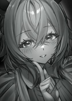 1girl absurdres blush commentary crossed_bangs english_commentary finger_to_cheek hair_between_eyes highres indie_virtual_youtuber kay_yu looking_at_viewer monochrome nimi_nightmare parted_lips smile solo virtual_youtuber