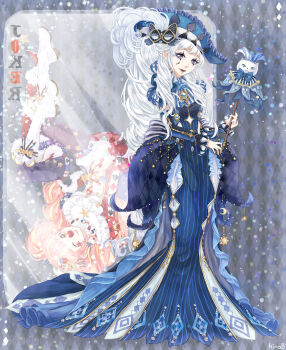 Rule 34 | 2girls, argyle background, argyle clothes, argyle dress, aria of night (miracle nikki), back bow, black background, black lips, blue bow, blue bowtie, blue collar, blue dress, blue hat, blue mask, bow, bowtie, brooch, card, cat mask, closed mouth, collar, commentary request, diamond cutout, diamond print, dress, facepaint, facial tattoo, frilled collar, frilled headwear, frilled sleeves, frills, full body, grey eyes, happy, hat, highres, hino (8), holding, holding wand, jewelry, joker (playing card), joker and magic card (miracle nikki), light particles, lipstick, long dress, long hair, long sidelocks, long sleeves, looking at viewer, makeup, mask, mask on head, miracle nikki, multiple girls, nikki (series), one side up, playing card, sidelocks, smile, solo focus, standing, striped bow, striped clothes, striped dress, tattoo, teardrop tattoo, two-tone bow, two-tone collar, upside-down, vertical-striped clothes, vertical-striped collar, vertical-striped dress, very long hair, wand, wavy hair, white bow, white collar, white hair