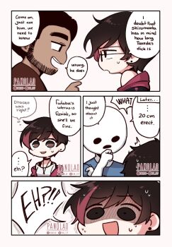 1girl 2boys artist_self-insert black_hair comic commentary english_commentary english_text facial_hair gloom_(expression) highres multicolored_hair multiple_boys panqlao red_hair senpai_ga_uzai_kouhai_no_hanashi shiromanta_(character) shirt short_hair sweatdrop t-shirt tan two-tone_hair