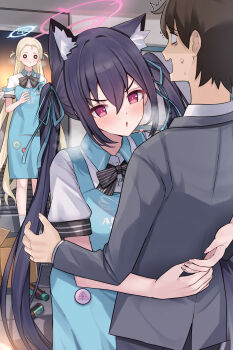 1boy 2girls ^^^ absurdres alternate_costume angel's_24_uniform_(blue_archive) animal_ear_fluff animal_ears apron arms_around_waist black_bow black_bowtie black_hair blank_eyes blonde_hair blue_apron blue_archive blue_halo blue_ribbon blush bow bowtie box breath bright_pupils cardboard_box cat_ears cat_girl caught clothes_writing commentary cowboy_shot extra_ears flirting forehead formal_clothes grey_suit hair_between_eyes hair_ribbon halo heart hetero highres hug indoors long_hair looking_at_another mi_taro333 multiple_girls nose_blush o_o open_mouth parted_bangs pink_halo red_eyes ribbon sensei_(blue_archive) sensei_(blue_archive_the_animation) serika_(blue_archive) shirt short_sleeves sidelocks slit_pupils sora_(blue_archive) standing straight_hair strap_slip striped_bow striped_bowtie striped_clothes suit sweatdrop trembling twintails two_side_up v-shaped_eyebrows very_long_hair wavy_mouth white_shirt
