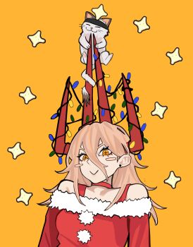 1girl :> absurdres blonde_hair cat chainsaw_man christmas_lights commentary cross-shaped_pupils english_commentary hair_between_eyes highres horns long_hair_between_eyes meowy_(chainsaw_man) power_(chainsaw_man) red_horns sailen0 santa_costume symbol-shaped_pupils yellow_background