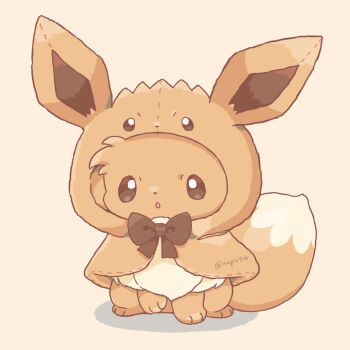 Rule 34 | animal focus, animal hood, black bow, bow, brown eyes, brown fur, commentary request, cosplay, eevee, eevee (cosplay), full body, gen 1 pokemon, hood, hood up, kana (maple926), nintendo, no humans, parted lips, pokemon, pokemon (creature), pokemon focus, simple background, solo, tail