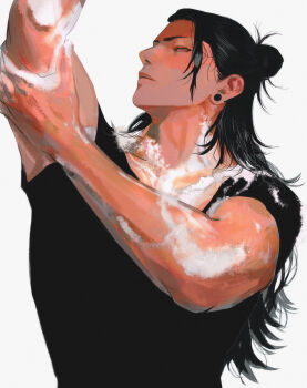 1boy black_hair black_shirt commentary getou_suguru hair_bun highres jujutsu_kaisen lips long_hair male_focus nose ogata69 photo-referenced plug_(piercing) shirt simple_background soap_bubbles solo symbol-only_commentary upper_body white_background