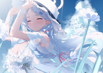 1girl bare_shoulders blue_archive blue_hair breasts closed_eyes closed_mouth cloud commentary_request dress feathered_wings flower from_side glowing glowing_halo hair_ornament halo hand_on_headwear hat highres large_breasts long_dress long_hair mine_(blue_archive) pointy_ears red_ribbon ribbon ring_of_light_(blue_archive) sky smile solo tamagore upper_body very_long_hair white_dress white_flower wings