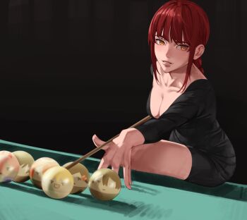 1girl angel_devil_(chainsaw_man) ball billiard_ball billiards black_dress breasts chainsaw_man cleavage denji_(chainsaw_man) dress hayakawa_aki higashiyama_kobeni highres igedd large_breasts looking_at_viewer makima_(chainsaw_man) medium_hair parted_lips pool_table power_(chainsaw_man) red_hair ringed_eyes sidelocks sitting sitting_on_table smile solo table yellow_eyes