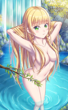 1girl armpits arms_behind_head arms_up blonde_hair blush breasts convenient_censoring female_focus green_eyes hair_censor hair_over_breasts heanna_sumire highres leaf leaf_censor long_hair looking_at_viewer love_live! love_live!_superstar!! medium_breasts moss navel outdoors parted_lips plant rock standing tsukimi_seiya wading water waterfall wet