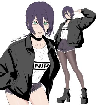 1girl absurdres artist_name band_shirt black_boots black_choker black_jacket black_pantyhose boots chainsaw_man choker closed_mouth green_eyes grenade_pin grey_shorts hair_between_eyes high_heel_boots high_heels highres jacket looking_at_viewer merchandise multiple_views nine_inch_nails pantyhose purple_hair reze_(chainsaw_man) shirt short_shorts shorts virtuware white_shirt