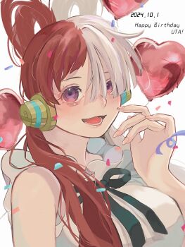 1girl balloon black_ribbon blush character_name commentary_request dated dress english_text hair_over_one_eye happy_birthday headphones heart_balloon highres looking_at_viewer multicolored_hair neck_ribbon one_piece one_piece_film:_red purple_eyes red_hair ribbon solo two-tone_hair u_mi031 upper_body uta_(one_piece) white_background white_dress white_hair