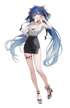 1girl ahoge alternate_costume black_bra black_skirt blue_eyes blue_hair bra chirang commentary full_body gradient_hair hand_on_own_hip high_heel_sandals high_heels highres iuno_(wuthering_waves) laurel_crown long_hair looking_at_viewer multicolored_hair open_mouth partially_unbuttoned sandals shirt shirt_tucked_in simple_background skirt smile solo streaked_hair twintails underwear white_background white_shirt wuthering_waves