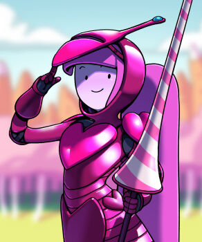 1girl adventure_time armor blunt_bangs blurry blurry_background colored_skin discount-supervillain full_armor heart helmet highres holding holding_polearm holding_weapon lance long_hair no_nose pink_hair pink_skin polearm ponytail princess_bonnibel_bubblegum smile solo toon_(style) weapon