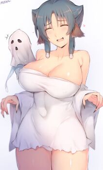 1girl animal_ears arknights atuy bare_shoulders black_hair black_nails blush breasts cleavage closed_eyes commentary covered_groin covered_navel cowboy_shot curvy detached_sleeves dress fingernails gradient_background grey_background hair_horns halloween_costume highres impossible_clothes impossible_dress long_fingernails microdress mukka panties pantyshot sharp_fingernails shiny_skin short_hair short_hair_with_long_locks sidelocks skin_tight small_sweatdrop solo strapless strapless_dress thick_thighs thighs underwear utawarerumono utawarerumono:_itsuwari_no_kamen wet wet_clothes wet_panties white_dress wide_sleeves