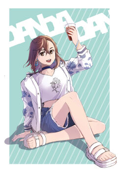 1girl arm_support ayase_momo bangle bare_legs black_choker blue_shorts border bracelet brown_eyes brown_hair ccs_akimi choker cola collarbone commentary copyright_name crop_top cropped_shirt crossed_bangs cup dandadan drinking_straw earrings english_commentary feet floral_print frayed_shorts full_body hair_between_eyes highres holding holding_cup ice ice_cube jacket jewelry knee_up knees legs looking_at_viewer midriff open_clothes open_jacket open_mouth outside_border print_jacket print_shirt sandals shirt short_hair short_shorts shorts sitting solo toes torn_clothes torn_shorts v-neck white_border white_sandals white_shirt