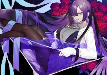 1girl a.i._voice black_pantyhose blue_eyes blue_hair breasts coat cup drinking_glass flower grey_shirt kotobuki_(medetai) lab_coat large_breasts liquid long_hair looking_at_viewer multicolored_hair open_clothes open_coat pantyhose parted_bangs parted_lips rose shirt sitting solo very_long_hair yogatari_tobari