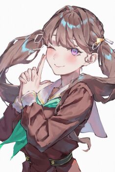 1girl aqua_neckerchief blush brown_dress commentary dress finger_gun fujishima_megumi hair_ornament hair_ribbon hasu_no_sora_school_uniform highres link!_like!_love_live! long_sleeves looking_at_viewer love_live! neckerchief official_alternate_hairstyle on_your_mark_(love_live!) pleated_dress ribbon saidamoosu sailor_collar sailor_dress school_uniform simple_background solo triangle_hair_ornament twintails upper_body virtual_youtuber white_background white_ribbon white_sailor_collar winter_uniform