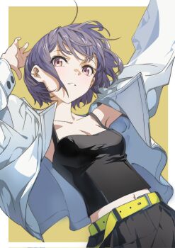 1girl bang_dream! bang_dream!_it&#039;s_mygo!!!!! belt black_camisole border breasts brown_background camisole cleavage commentary grey_hair hashtag-only_commentary highres jacket kissshotmagia long_sleeves medium_breasts navel open_clothes open_jacket outside_border short_hair solo takamatsu_tomori white_border white_jacket yellow_belt