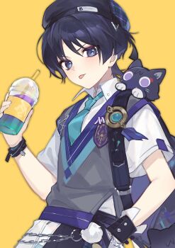 1boy absurdres alternate_costume animal animal_on_shoulder animalization aqua_necktie aqua_vest bag belt beret black_hair blue_eyes blue_vest blunt_ends cat chain coffee cup disposable_cup drinking_straw genshin_impact grey_vest hair_over_one_eye hand_in_pocket hat highres holding holding_cup iced_coffee looking_at_viewer male_focus multicolored_vest necktie nekomi_0 official_alternate_costume person_and_animalization pom_pom_(clothes) purple_belt scaramouche_(cat)_(genshin_impact) scaramouche_(genshin_impact) shirt short_sleeves shoulder_bag solo tongue tongue_out vest vision_(genshin_impact) wanderer_(genshin_impact) wanderer_(mega_mgc_coffee)_(genshin_impact) white_shirt wrist_cuffs wristband yellow_background