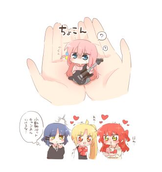 4girls ? ahoge blonde_hair blue_eyes blue_hair blush bocchi_the_rock! bow bowtie commentary_request cupping_hands electric_guitar gotoh_hitori guitar heart holding holding_instrument holding_mini_person ijichi_nijika in_palm instrument kessoku_band kita_ikuyo lifting_mini_person long_hair mini_person minigirl multiple_girls one_side_up open_mouth orange_eyes own_hands_together pink_hair rebecca_(keinelove) red_bow red_bowtie red_hair side_ponytail speech_bubble thought_bubble white_background yamada_ryo yamaha_pacifica yellow_eyes