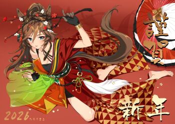 animal_ears bare_shoulders barefoot black_gloves blush branch breasts brown_hair cleavage commentary_request dress gloves holding holding_branch horse_ears horse_girl horse_tail japanese_clothes kimono long_hair medium_breasts mr._c.b._(dazzling_kabuki_flower)_(umamusume) mr._c.b._(umamusume) official_alternate_costume official_alternate_hairstyle parted_lips ponytail red_dress red_kimono red_nails single_glove single_sleeve tail taromarun umamusume