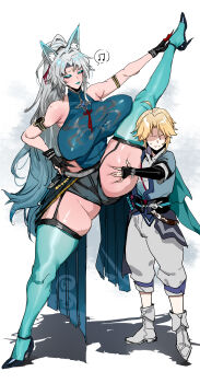 1boy 1girl absurdres age_difference ahoge animal_ears armlet aventurine_(honkai:_star_rail) bare_shoulders black_gloves blonde_hair blush breasts fingerless_gloves garter_straps gloves grey_hair hetero high_heels highres honkai:_star_rail honkai_(series) huge_breasts jewelry kuook leg_up long_hair makeup onee-shota ponytail shorts sleeveless smile split standing standing_on_one_leg standing_split tall_female teeth thick_thighs thighhighs thighs very_long_hair yanqing_(honkai:_star_rail)