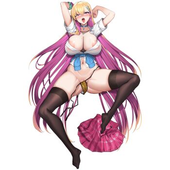 1girl amesuku_gyaru animal_print aqua_scrunchie areola_slip ass bikini bikini_bottom_only black_thighhighs blonde_hair blue_collar blue_sweater blush boryeon_(last_origin) breasts bursting_breasts cleavage clothes_around_waist collar collarbone collared_shirt colored_inner_hair covered_erect_nipples ear_piercing earrings eyeshadow full_body groin_tendon gyaru hair_between_eyes hair_ornament hairclip heart heart_necklace highres huge_breasts jewelry kirome_(kamipaper) kogal large_areolae last_origin leopard_print leopard_print_bikini linea_alba long_hair looking_at_viewer lying makeup micro_bikini miniskirt mole mole_on_breast multicolored_hair nail_polish navel necklace official_alternate_costume official_art on_back open_clothes open_mouth open_skirt partially_visible_vulva piercing pink_nails pink_skirt plaid_clothes plaid_skirt pleated_skirt print_bikini puffy_nipples purple_eyes purple_eyeshadow purple_hair purple_scrunchie razor_blade_earrings school_uniform scrunchie see-through_clothes see-through_shirt shirt short_sleeves side-tie_bikini_bottom simple_background single_earring skindentation skirt solo spread_legs stomach string_bikini sweater sweater_around_waist swimsuit tachi-e taut_clothes taut_shirt teeth thick_thighs thighhighs thighs third-party_source tongue tongue_out transparent_background triangle_hair_ornament untied_bikini unworn_skirt very_long_hair white_shirt wrist_scrunchie